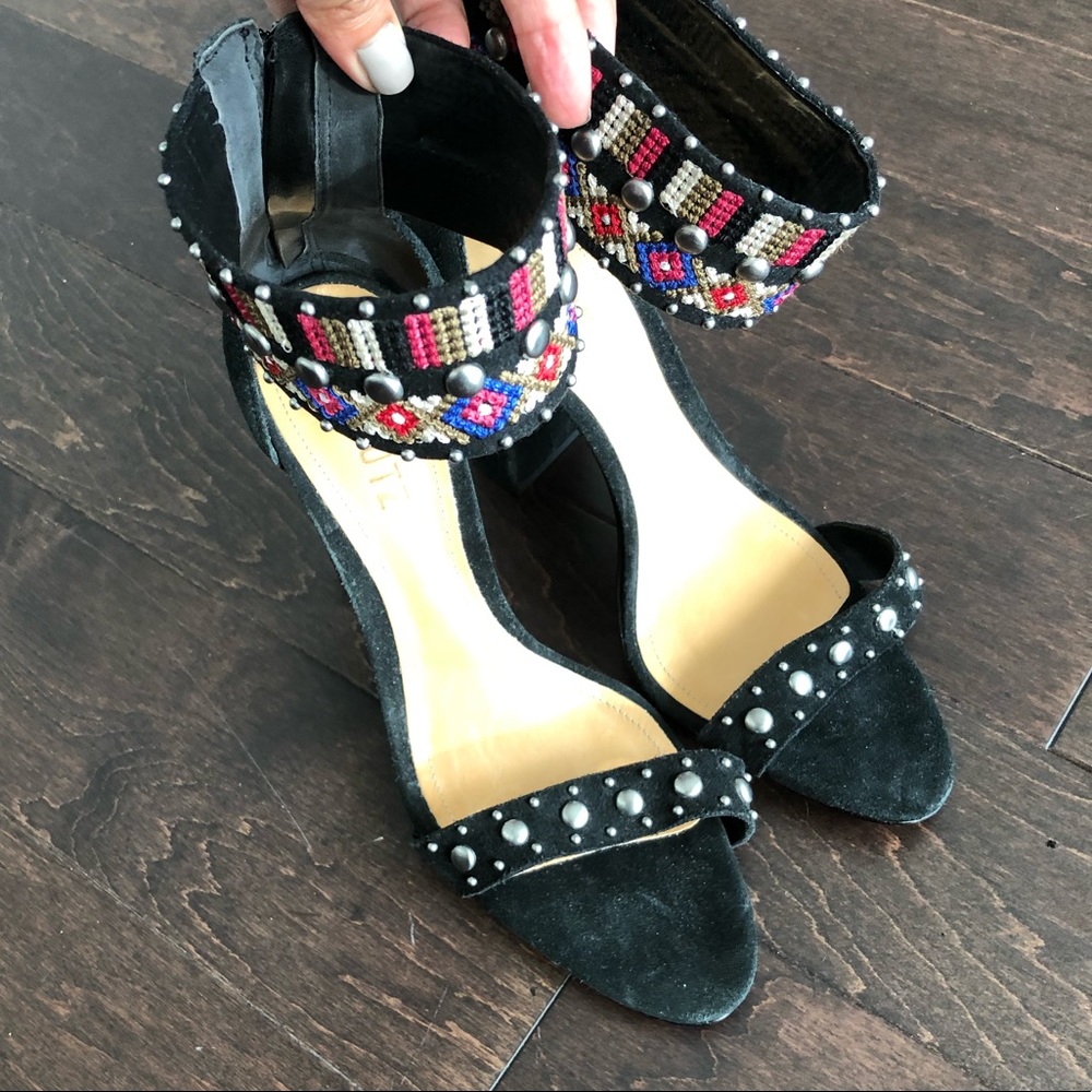 Schutz - Beaded & Studded Block Heel Sandals – Black Suede Open Toe - Size 8
